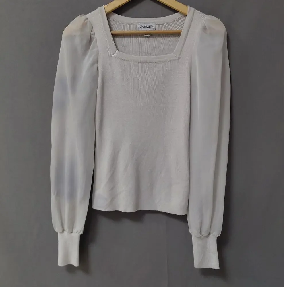 NWT Carmen Marc Valvo Ivory Satin Knit Stretch Puff Sleeve Top Women Size XS - Picture 2 of 13